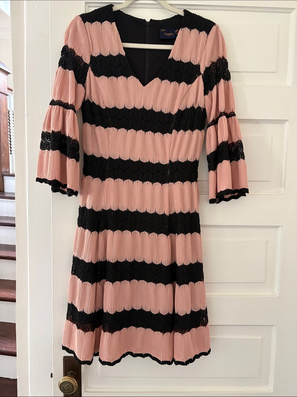 Pleated Pink and Black Striped V-Neck Dress-Size Small